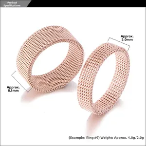 Detail of rose gold mesh titanium steel rings in 8.1mm and 5.0mm width options