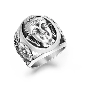 Bague Religieuse Vintage en Acier Inoxydable Visage de Bouddha pour Hommes Bague Relief Statue de Bouddha Bijoux Punk Gothique Biker