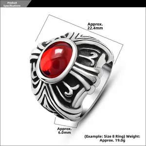 Macro detail of gothic titanium steel ring with large oval red gemstone and vintage finish