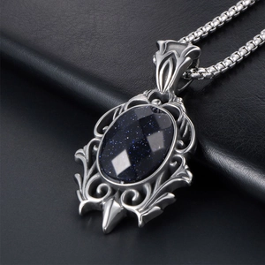 Retro vintage blue sandstone teardrop pendant necklace with Gothic ornate silver frame
