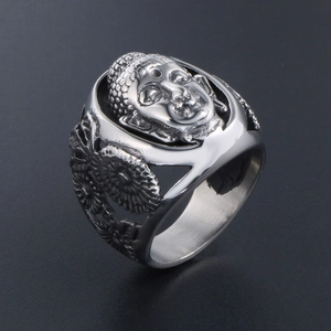 Bague Bouddha vintage en acier titane avec gravures de lotus sur les côtés latéreaux