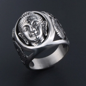 Bague chevalière bouddha vintage en acier titane avec finition argent antique