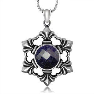 Vintage Titanium Steel Blue Sandstone Pendant Necklace For Men Women Gothic Snowflake Fleur-de-lis Inlaid Sweater Chain Jewelry Gift