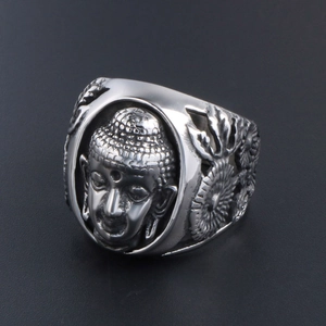 Bague Bouddha vintage en acier inoxydable avec gravures de lotus détaillées en argent