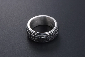 Detail of punk titanium steel ring featuring embossed geometric textures and a brushed inner band