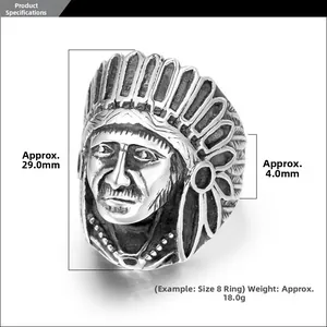 Detailed size specifications for the vintage Indian chief ring with engraved punk steel band