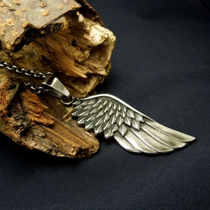 Vintage wing pendant necklace for women in distressed stainless steel with O-chain