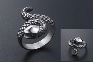 Detailed macro view of punk snake ring showing realistic 3D scales and antique silver finish