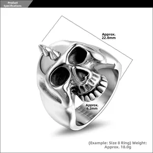 Detailed size specifications for the punk skull ring with 22.8mm width and 18.0g weight
