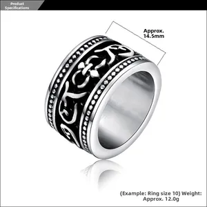Detail of gothic titanium steel ring with black scroll patterns and beaded edges