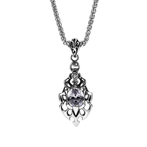 Vintage Gothic Flame Stainless Steel Pendant Necklace With Large White Rhinestone Polished Punk Jewelry For Men Women Daily