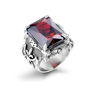 Vintage men's titanium steel ring with large rectangle red ruby stone and gothic carvings