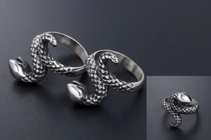 Detailed close-up showing scaled texture on punk stainless steel cobra snake ring