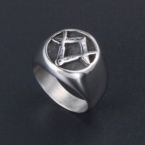 Bold silver titanium steel Masonic signet ring with compass and square emblem