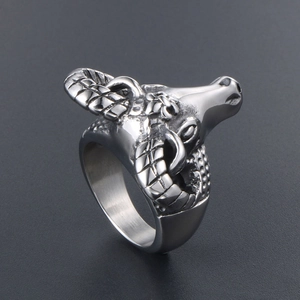 Vintage stainless steel ram head ring with intricate retro industrial rock style carving