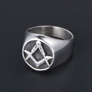 Polished silver titanium steel Freemason signet ring for men with compass symbol