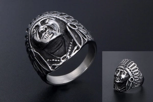 Detailed macro view of retro Indian chief titanium steel ring with feather textures