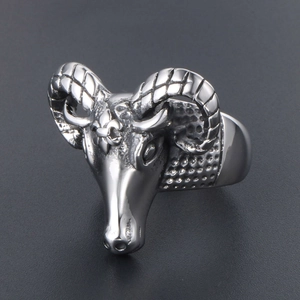 Vintage silver ram head ring made of stainless steel with detailed horns for men
