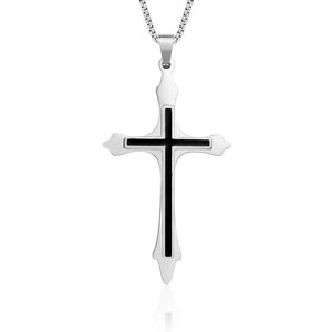 Minimalist stainless steel cross necklace for men with black enamel inlay and box chain