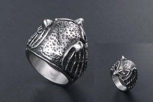 Macro shot of vintage steel owl ring showing detailed feathers and gothic oxidized finish