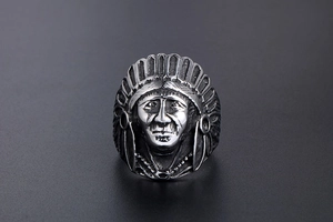 Detailed macro shot of vintage Native American chief ring with antique silver finish