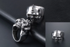 Detailed multi-angle view of punk skull ring in polished stainless steel on black leather