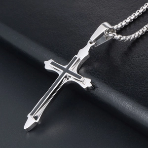 Minimalist silver and black stainless steel cross pendant necklace for men with box chain