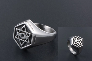 Macro detail of men's titanium steel star ring with gothic hexagram and mystical eye design