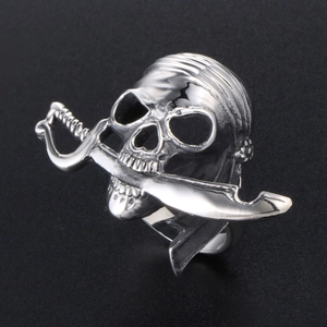 Bague tête de mort pirate pour homme avec sabre en acier inoxydable, style punk cool