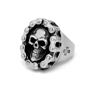 Vintage Punk Skull Ring For Men Titanium Steel Retro Gothic Biker Chain Cross Ring Heavy Metal Rock Biker Band Ring Jewelry
