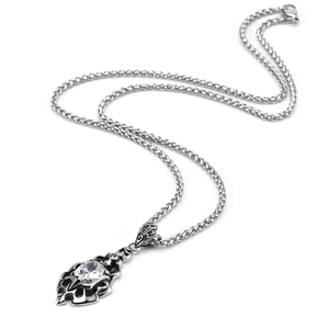 Gothic stainless steel wheat chain necklace with oval white zircon flame pendant