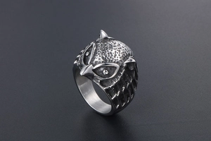 Macro shot of vintage owl ring with oxidized finish and detailed feather textures