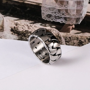 Mens silver cuban link chain ring made of polished stainless steel for a sleek look
