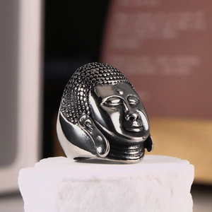 Retro stainless steel Buddha head ring for men with detailed religious portrait carving