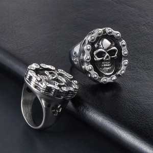 Vintage skull ring for men with biker chain detail and punk cross engraving in silver steel