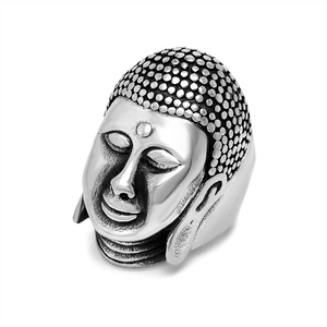 Vintage Buddha head ring in stainless steel with detailed ethnic relief carving