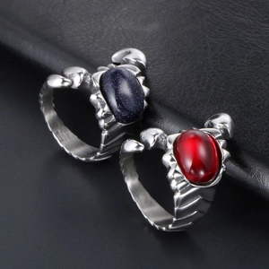 Retro titanium steel scorpion ring with blue goldstone and red gemstone inlay