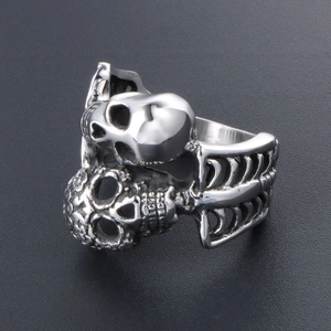 Punk vintage silver double skull ring with skeleton rib design in polished stainless steel