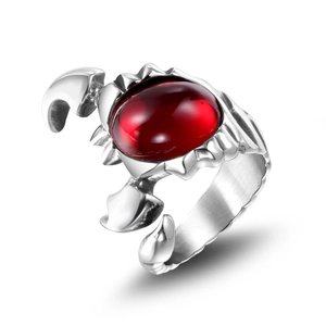 Retro stainless steel scorpion ring featuring a large oval red stone in punk style