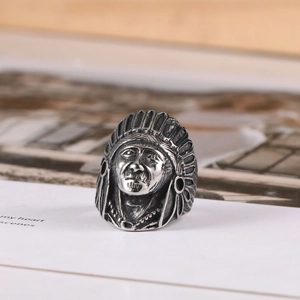 Vintage Indian Chief Head Stainless Steel Ring For Men Punk Biker Tribal Warrior Feather Titanium Steel Ring Ethnic Jewelry