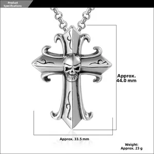 Gothic cross skull pendant with vintage engraved patterns and dimension measurements
