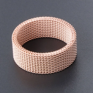 Rose gold titanium steel wide mesh woven ring with industrial minimalist design