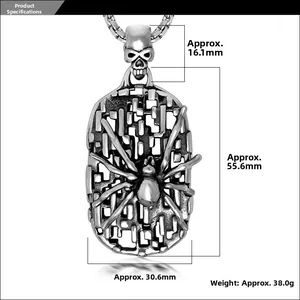 Detailed specs of gothic spider shield pendant with skull bail in vintage silver