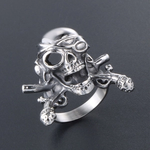 Vintage Titanium Steel Skull Cross Guns Pirate Ring For Men Gothic Punk Biker Jewelry Distressed Silver Color Finger Band
