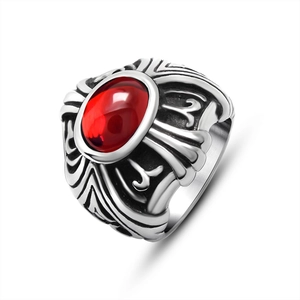 Gothic titanium steel ring with red oval gemstone and vintage floral carvings