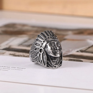 Vintage stainless steel Indian Chief head ring with punk style distressed finish