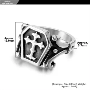 Detail view of gothic cross ring showing height 16mm and width 3.7mm dimensions