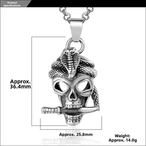 Detail view of skull and cobra pendant with dimensions: 36.4mm height and 25.8mm width