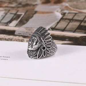 Vintage Indian Chief head ring in antique silver stainless steel punk style