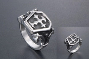Gothic cross shield signet ring in retro titanium steel with engraved vintage patterns